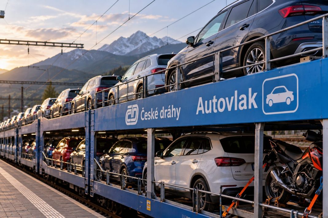 Automobily a motocykl naložené na speciálních vagonech autovlaku