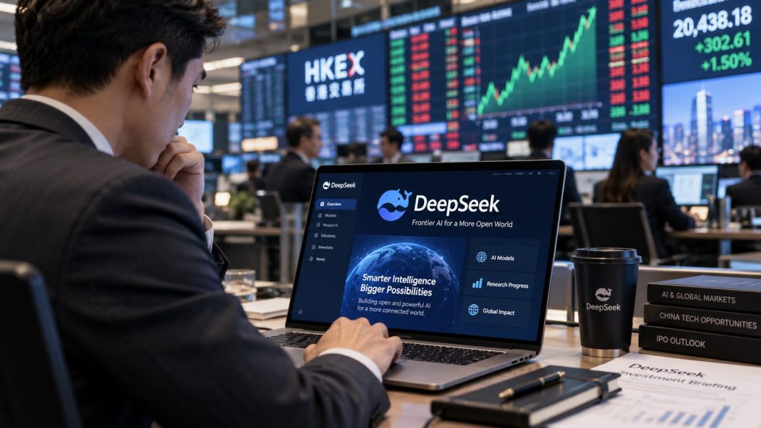Investor sleduje prezentaci společnosti DeepSeek na notebooku v prostředí hongkongské burzy