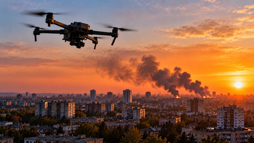 Dron letící nad městem s kouřem z požárů při západu slunce