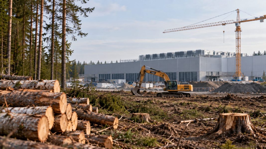 Staveniště datového centra u lesa s pokácenými stromy, bagrem a stavebním jeřábem