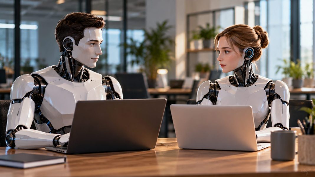 Dva humanoidní roboti s notebooky v moderní kanceláři