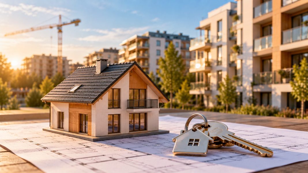 Model domu, klíče a stavební plány před bytovými domy