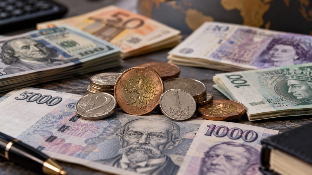 České koruny, americké dolary, eura, britské libry a další bankovky a mince na stole
