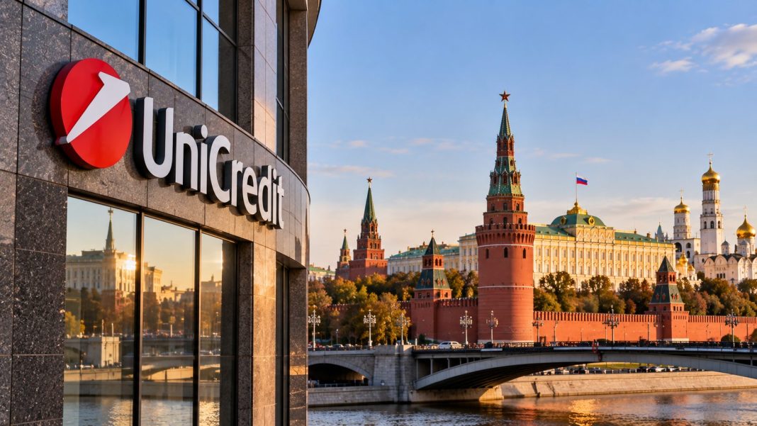 Budova s logem UniCredit v popředí a moskevský Kreml v pozadí za soumraku
