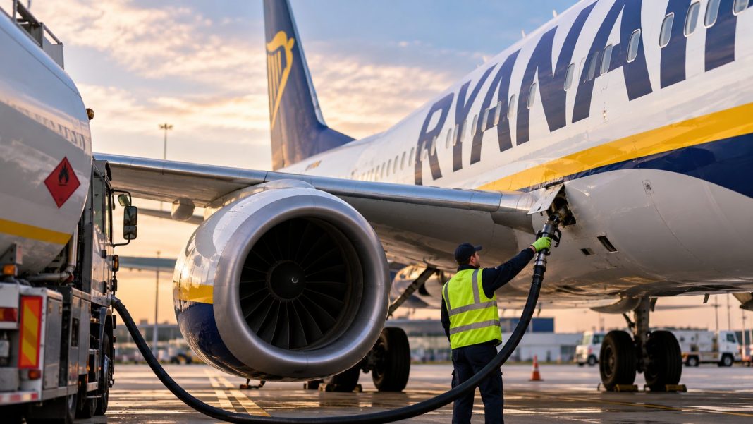 Letadlo Ryanair při tankování paliva na letištní ploše