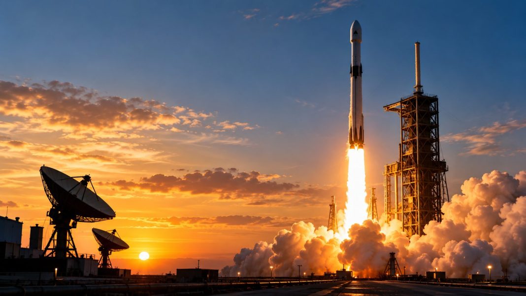 Start rakety z kosmodromu se satelitními anténami při západu slunce