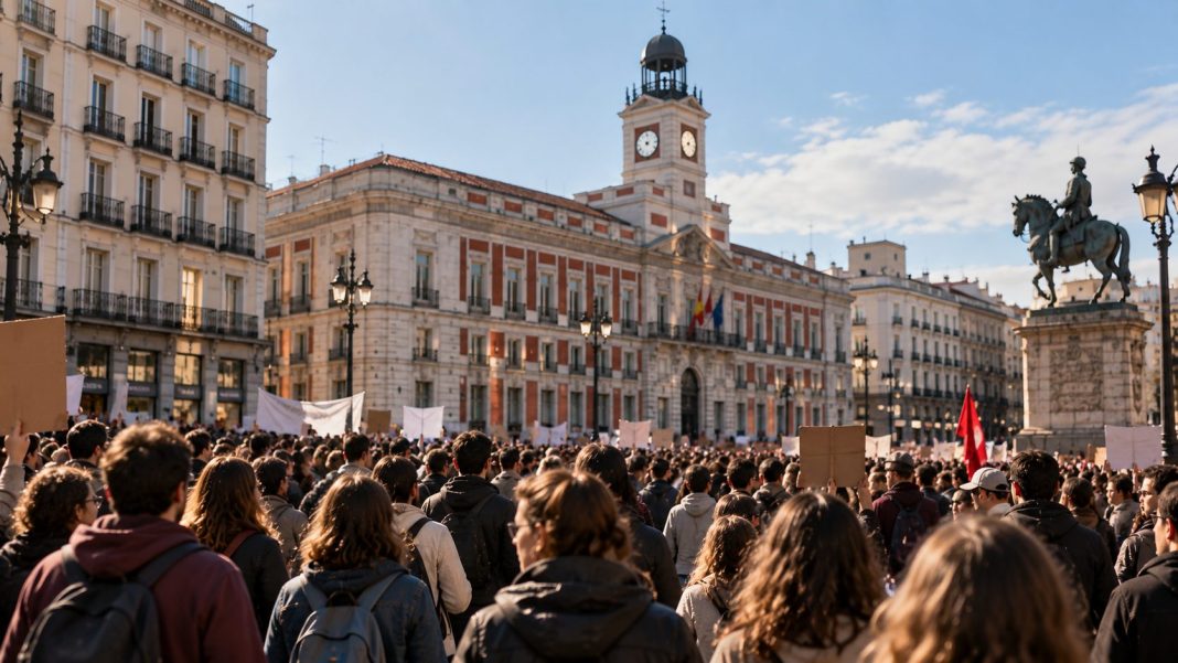 Dav demonstrantů na madridském náměstí před historickými budovami