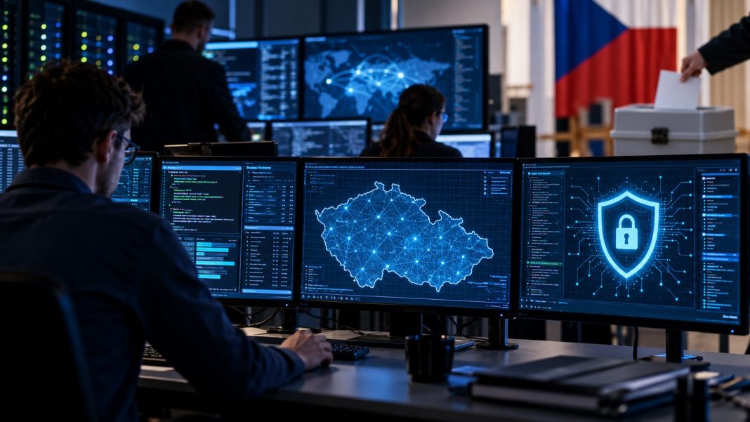 Pracoviště kybernetické bezpečnosti s monitory zobrazujícími mapu Česka a symbol ochrany, v pozadí česká vlajka a volebn