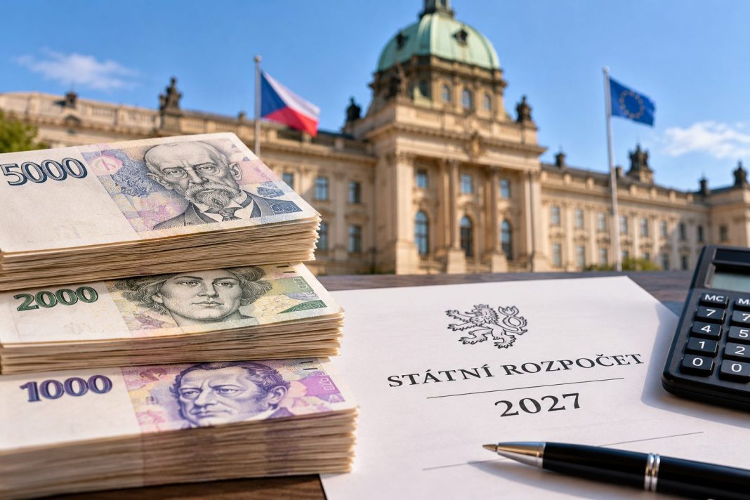 České bankovky, rozpočtový dokument a kalkulačka jako ilustrace výdajů státu na platy